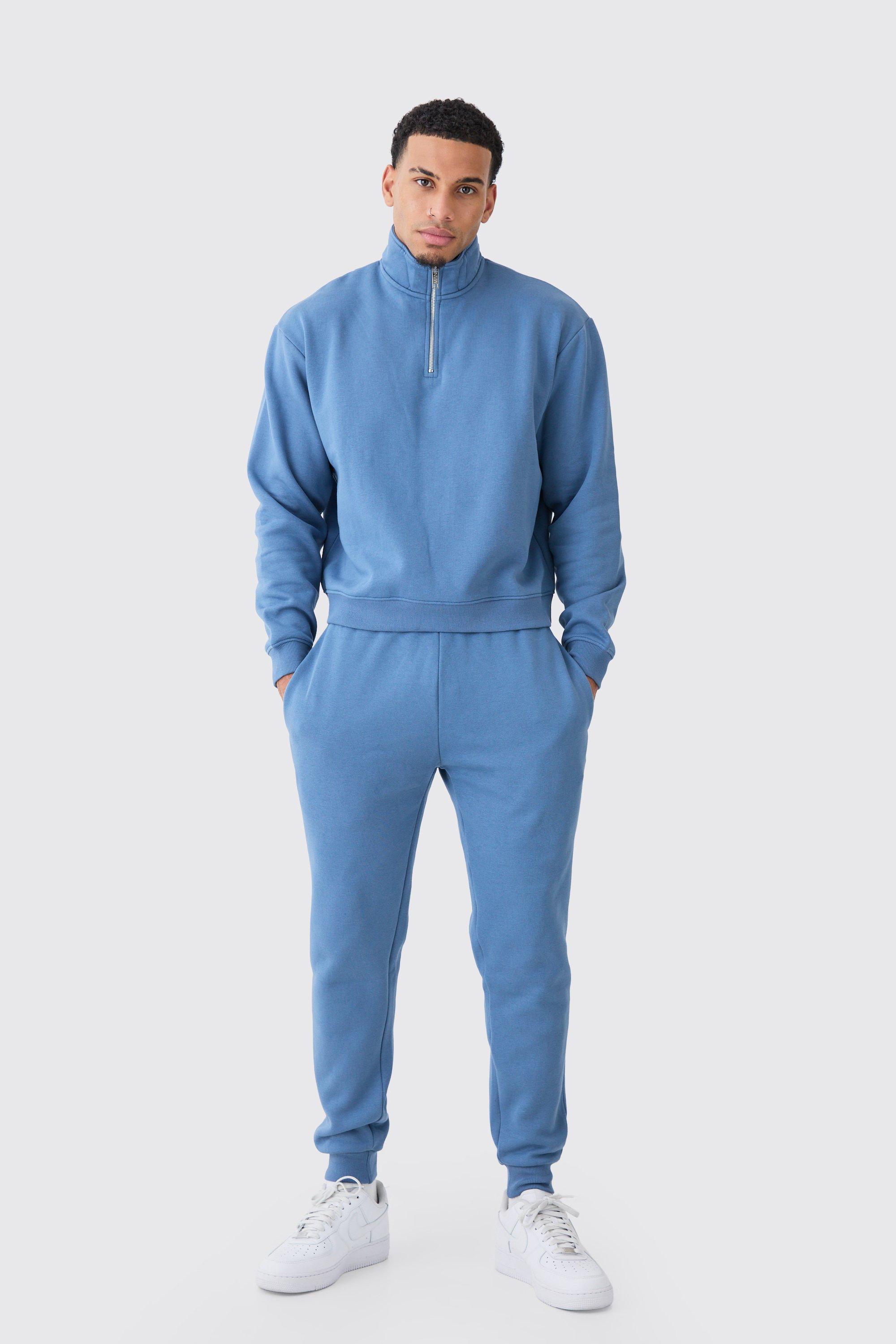 Mens Blue Oversized Boxy 1/4 Zip Sweatshirt Tracksuit, Blue